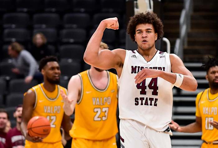 Mar 4, 2022; St. Louis, MO, USA; Missouri State Bears forward Gaige Prim (44) reacts after scoring against the Valparaiso Crusaders during the second half in the quarterfinals round of the Missouri Valley Conference Tournament at Enterprise Center.